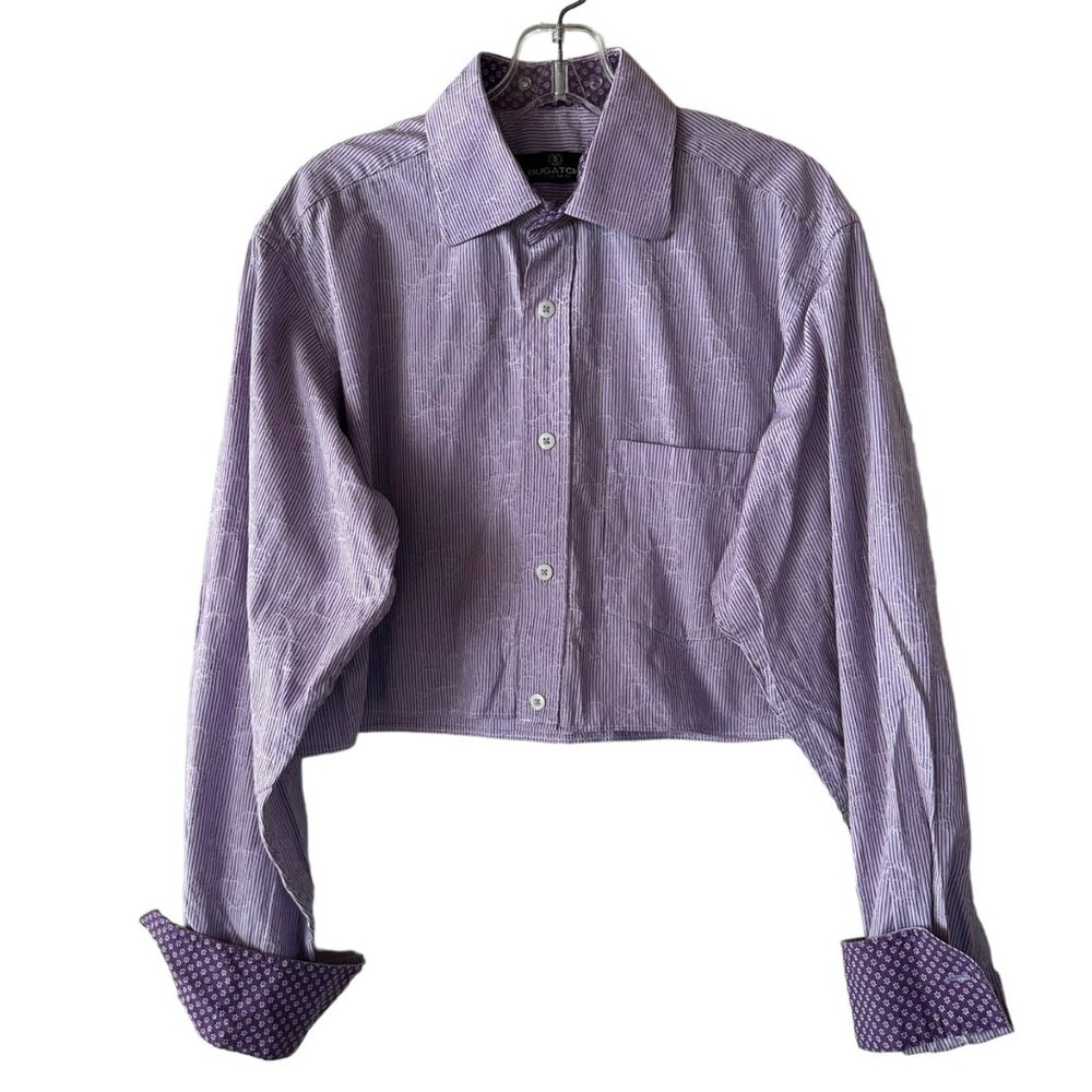 Cropped Bugatchi Button Up Shirt Medium Embroidered-Look Jacquard Purple Stripe